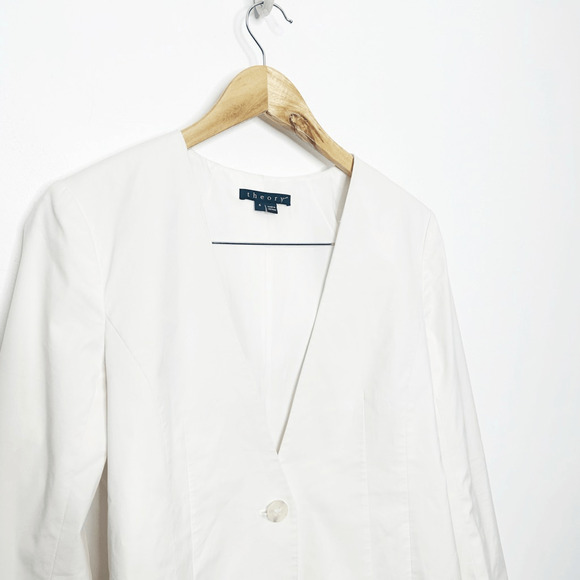 THEORY Collarless Blazer White Cotton Blend one button career womens 6 - Picture 3 of 6